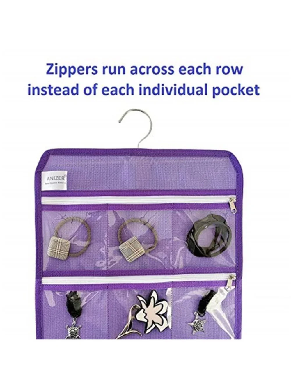 Hanging Jewelry Organizer Travel Storage Bag Clear Zipper Pocket Foldable Purple